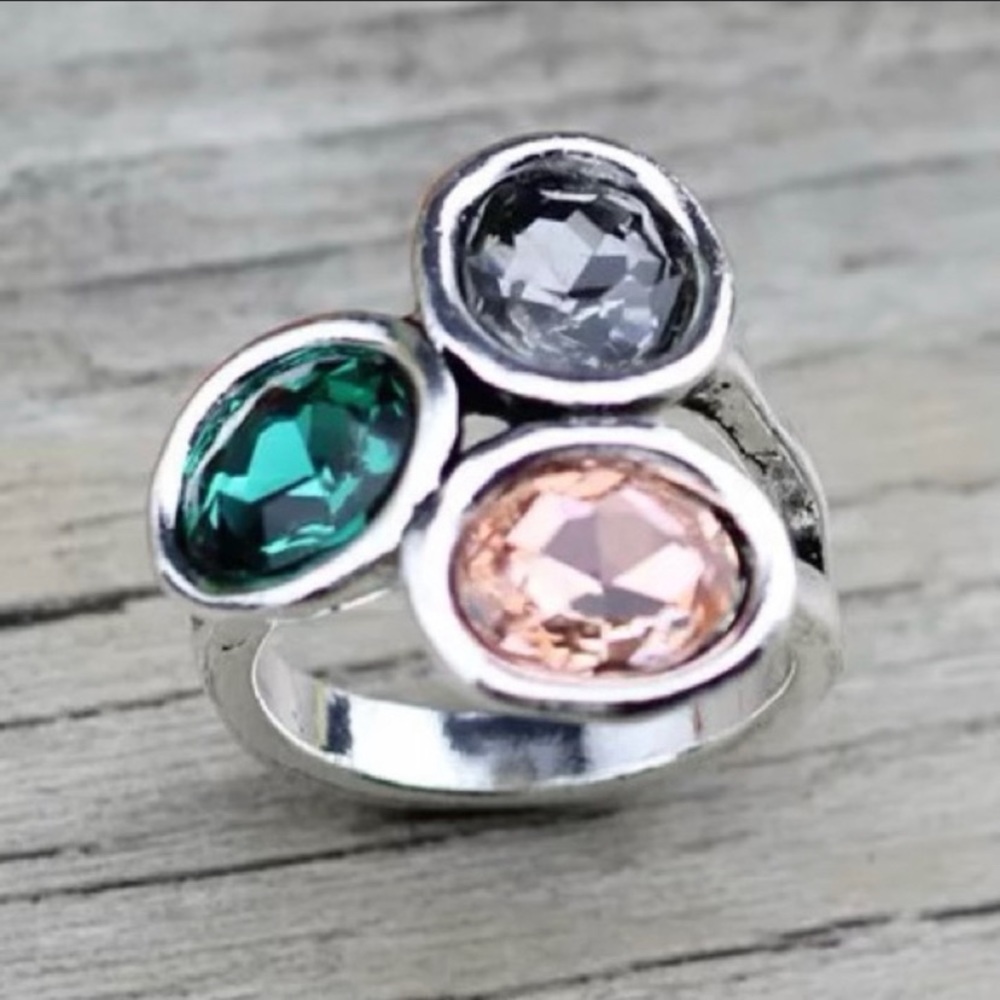 NEW Silver ring with grey, green, and pink stones